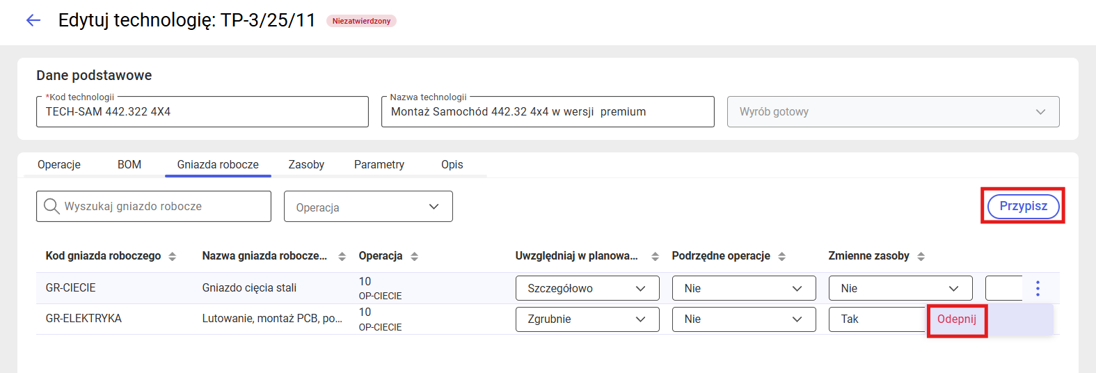 Dostępne opcje na zakładce Gniazda robocze