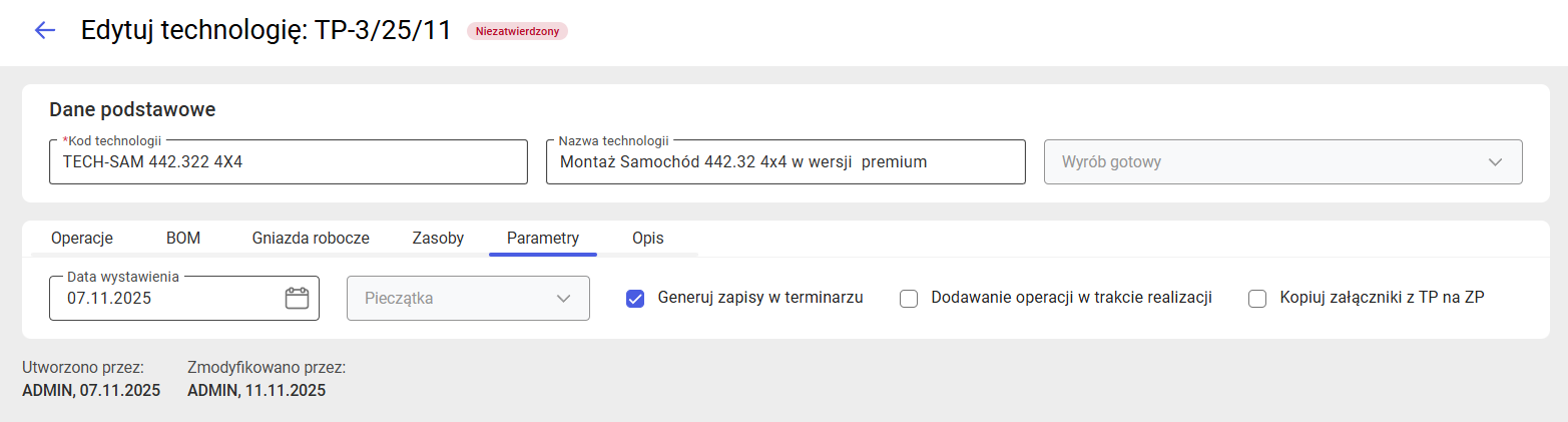 Zakładka Parametry