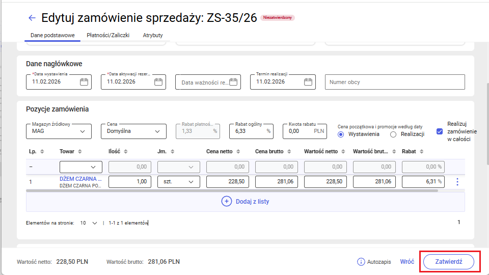 Zatwierdzanie zamówienia