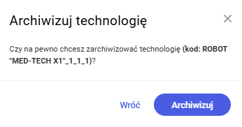 Komunikat potwierdzający archiwizację technologii