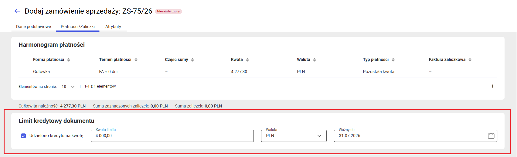 Limit kredytowy dokumentu na ZS
