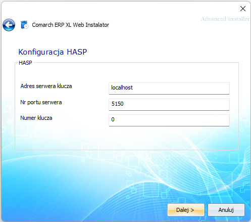 Parametry klucza HASP w instalatorze systemu
