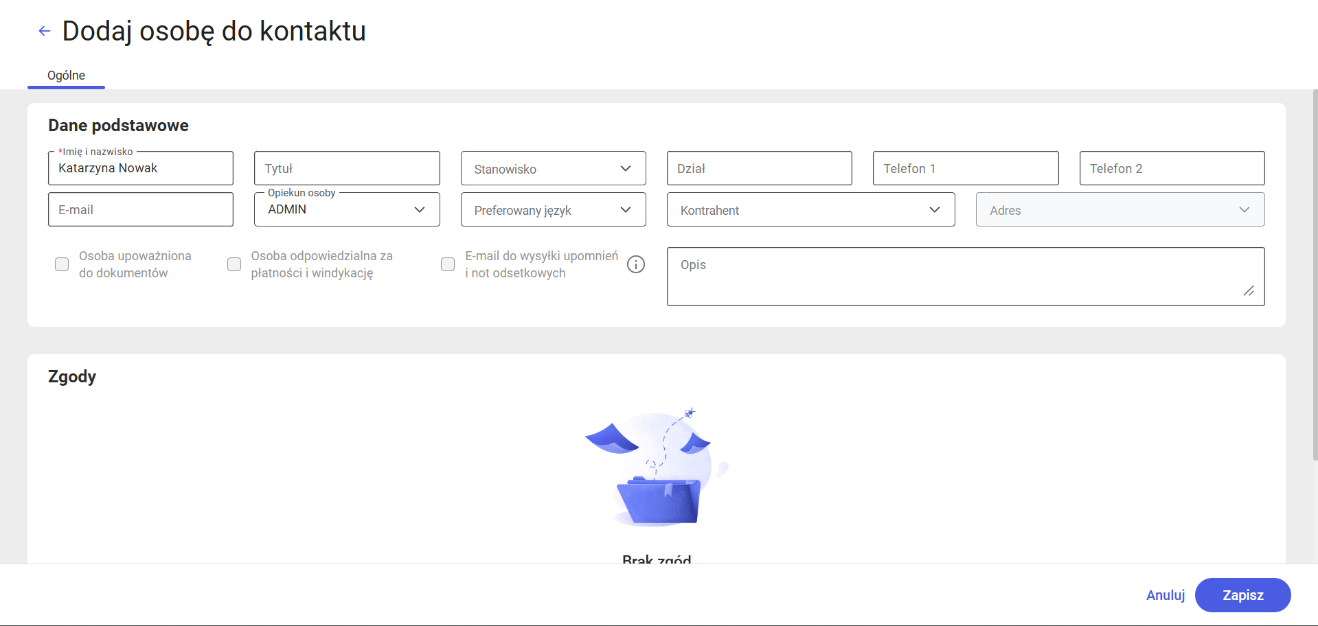 Formularz dodawania Osoby do kontaktu – widok z menu bocznego CRM