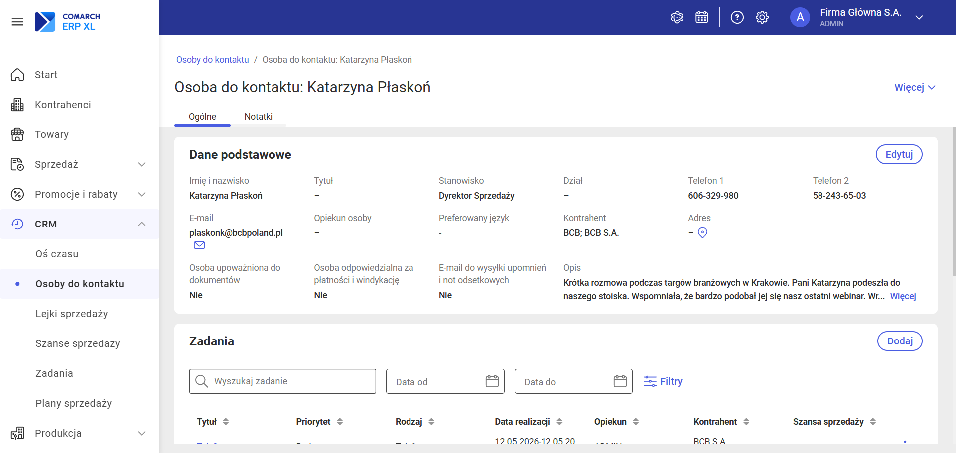 Karta Osoby do kontaktu – widok ogólny z zaznaczonymi sekcjami