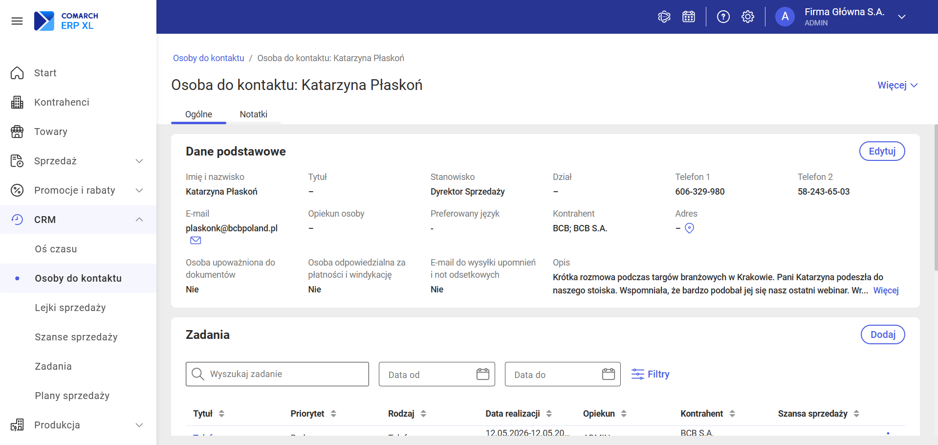 Formularz edycji Osoby do kontaktu – sekcja Dane podstawowe