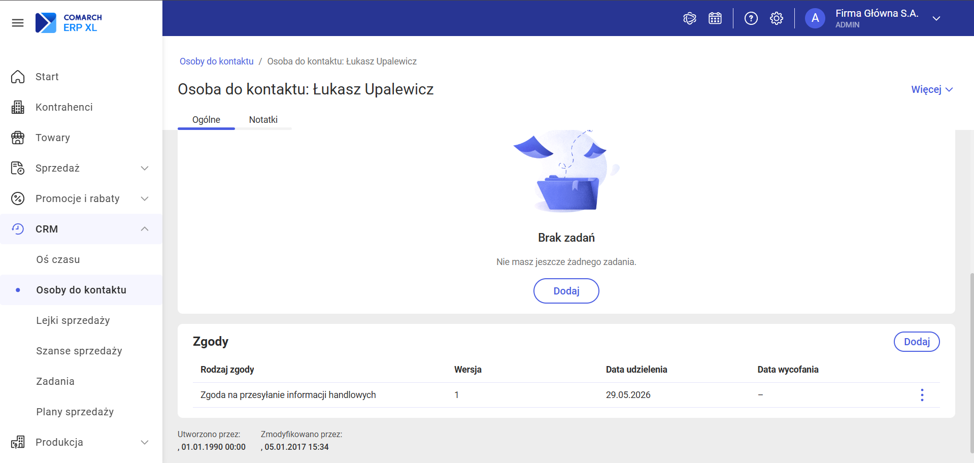 Sekcja Zgody na karcie Osoby do kontaktu – lista zgód