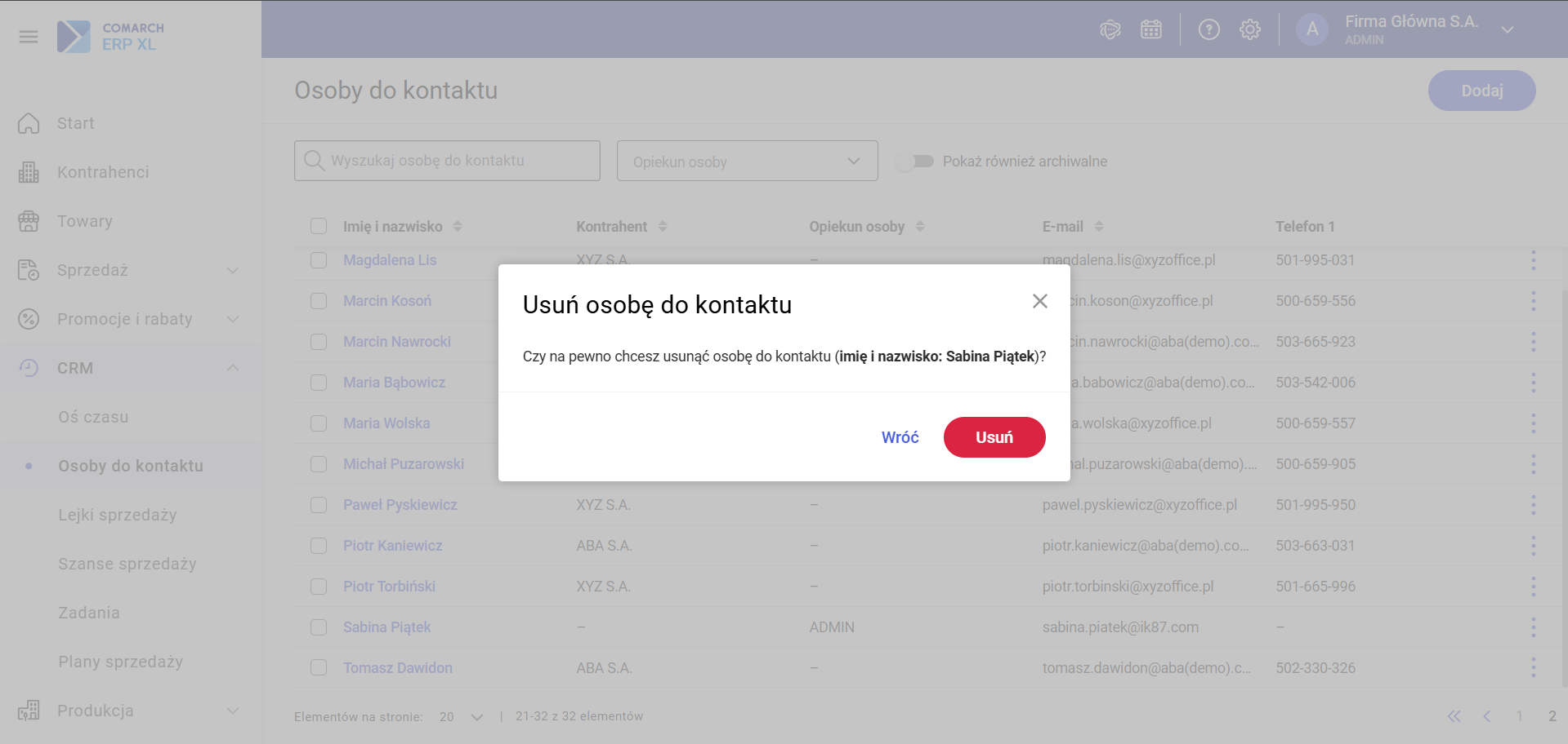 Okno potwierdzenia usunięcia Osoby do kontaktu