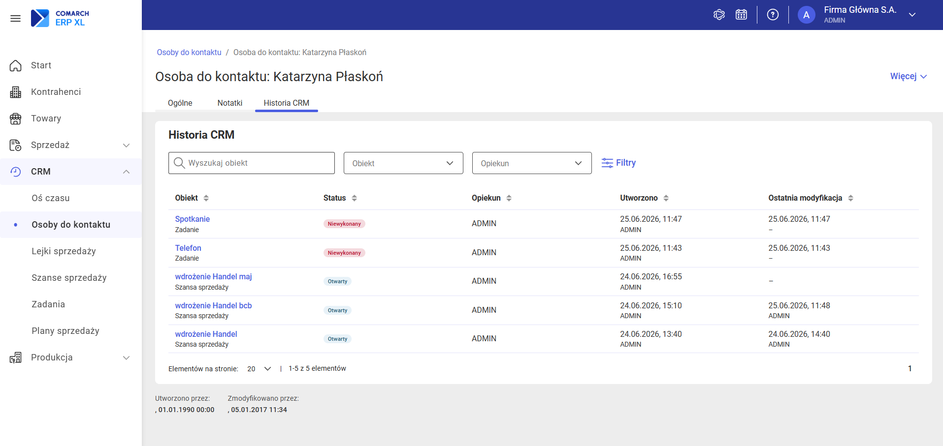 Karta Osoby do kontaktu — zakładka Historia CRM z listą powiązanych obiektów