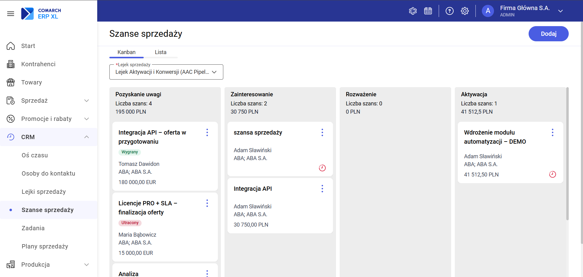 Tablica Kanban – widok domyślny z kolumnami etapów lejka sprzedaży