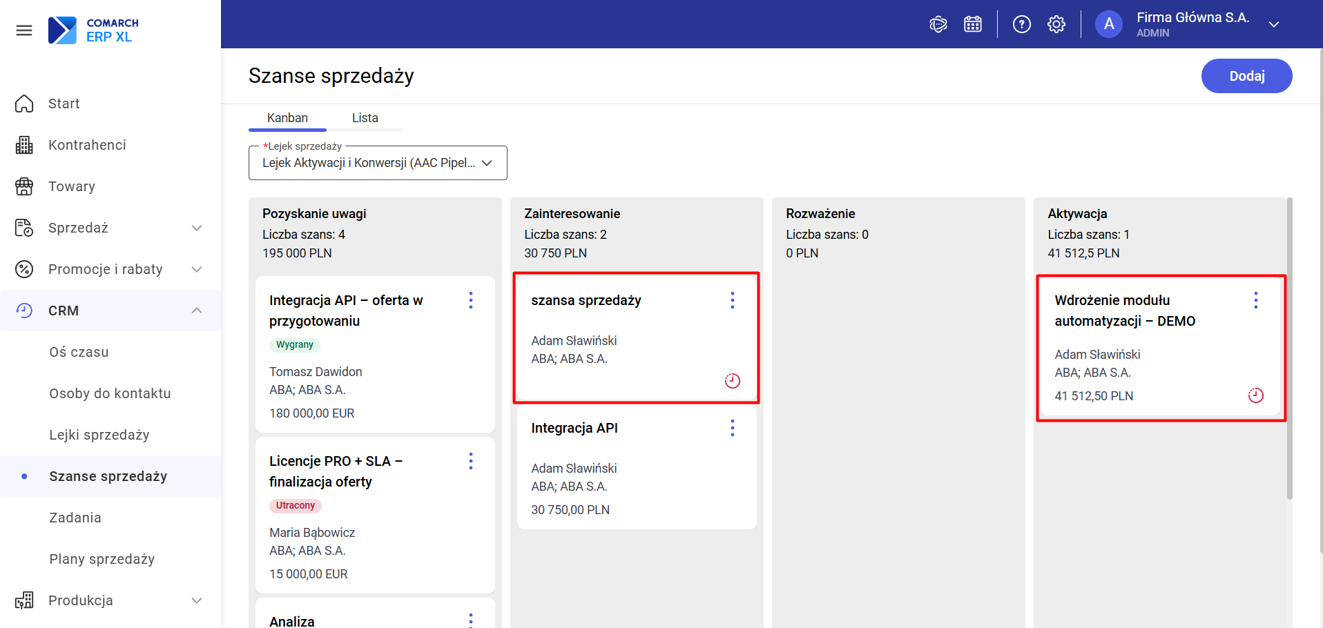 Karta szansy sprzedaży na tablicy Kanban – wyróżnienia: minięta data, brak aktywności