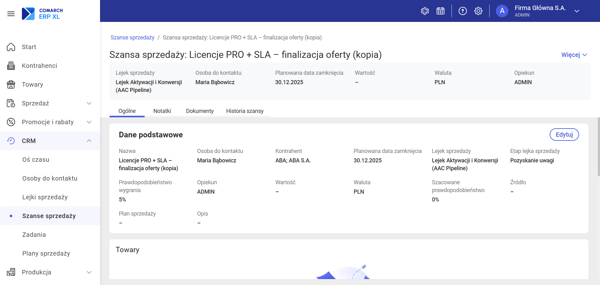 Karta szansy sprzedaży – widok ogólny z nagłówkiem i sekcją Dane podstawowe