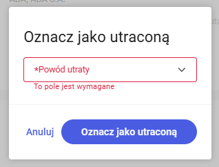 Okno wyboru przyczyny utraty szansy sprzedaży