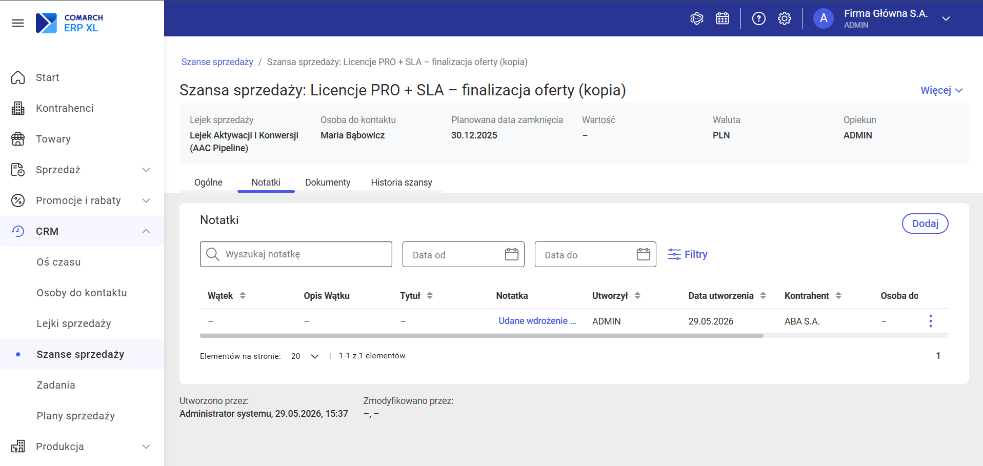 Sekcja Notatki na karcie szansy sprzedaży – lista notatek z filtrem wyszukiwania