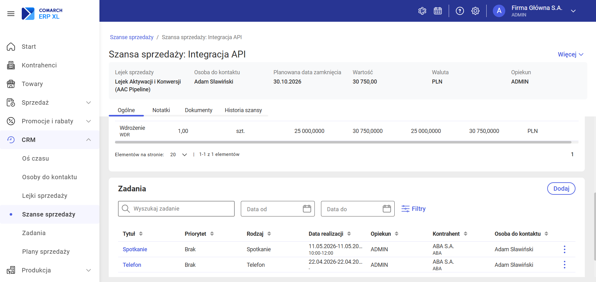 Sekcja Zadania na karcie szansy sprzedaży – lista z filtrem daty realizacji