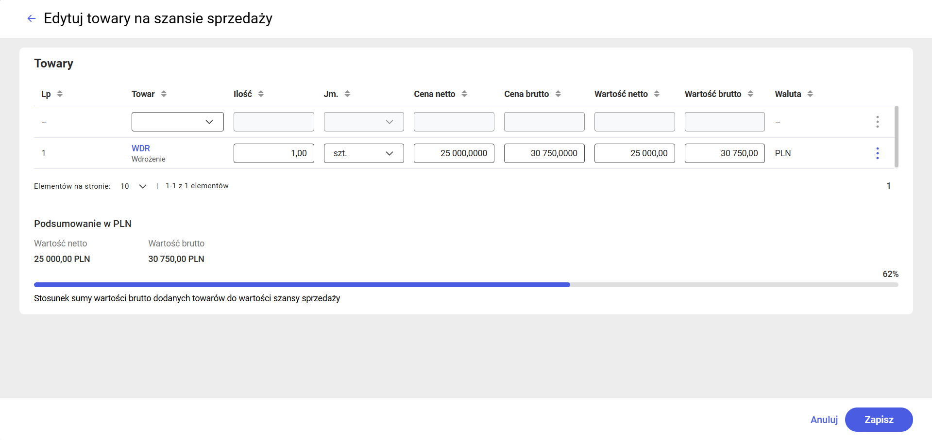 Sekcja Towary – formularz z wierszem towaru i podsumowaniem pod listą