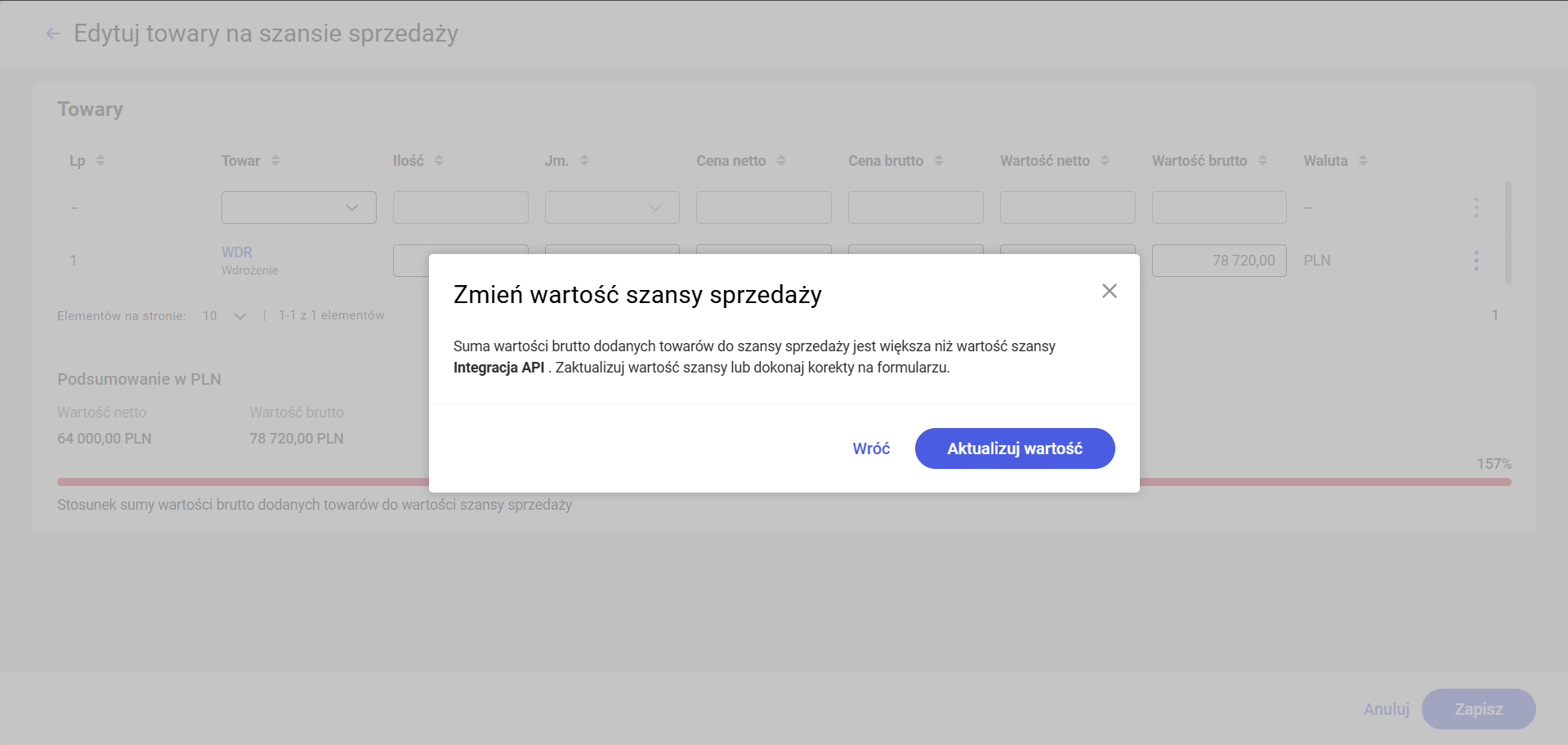 Okno aktualizacji wartości szansy – pytanie po zapisaniu towarów
