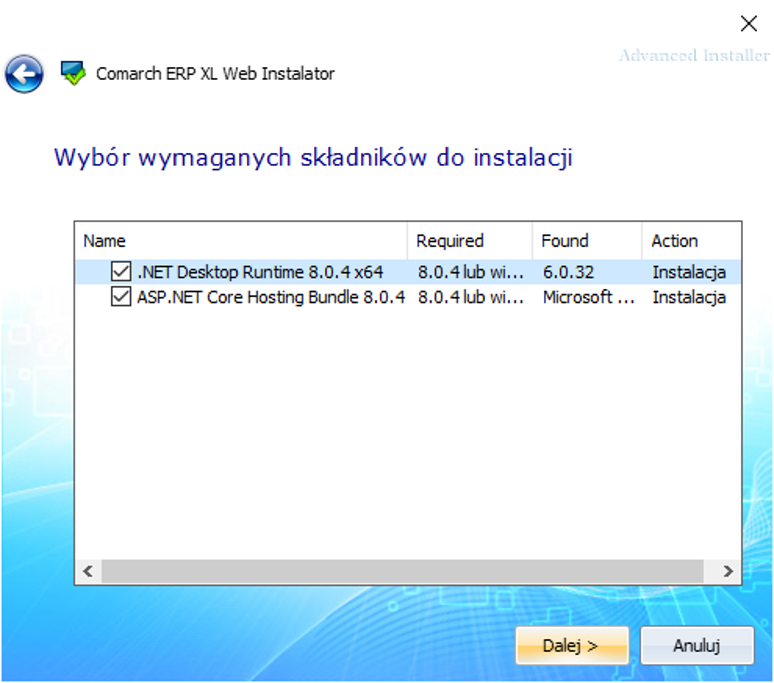 Weryfikacja składników podczas instalacji