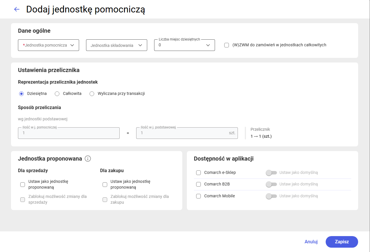 Okno dodawania jednostki pomocniczej na wzorcu grupy towaru
