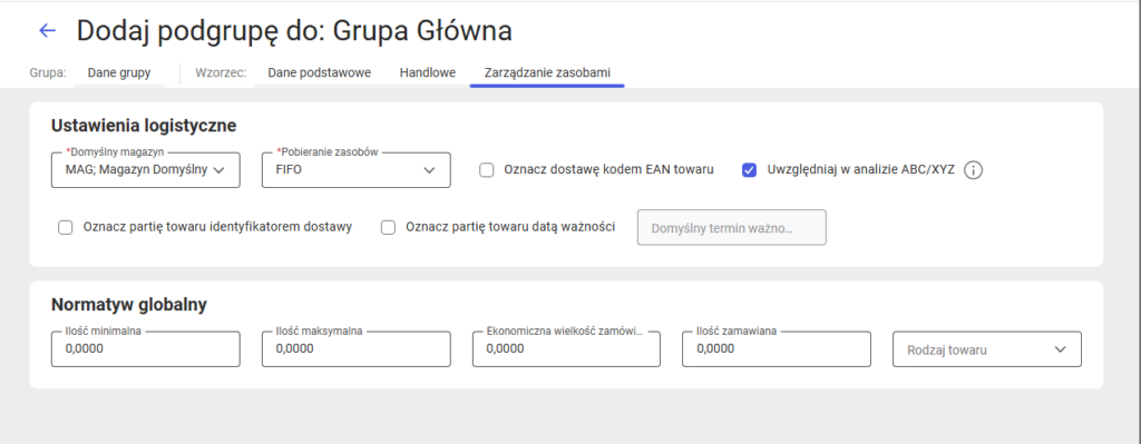 Parametry do zarządzania zasobami na wzorcu grupy towaru