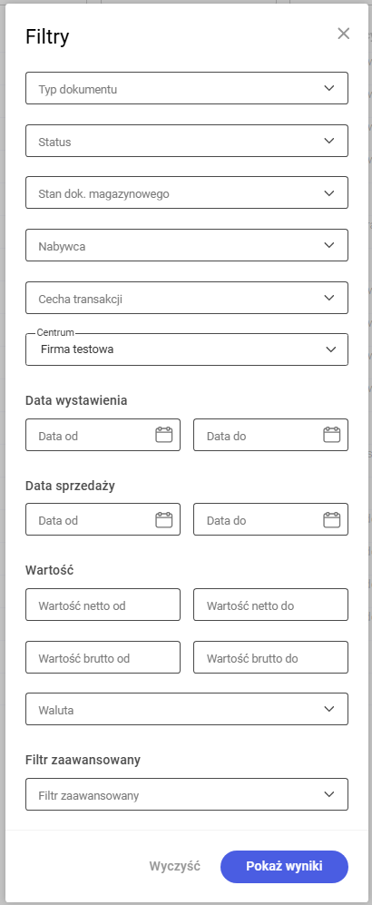 Panel filtrów na liście faktur sprzedaży