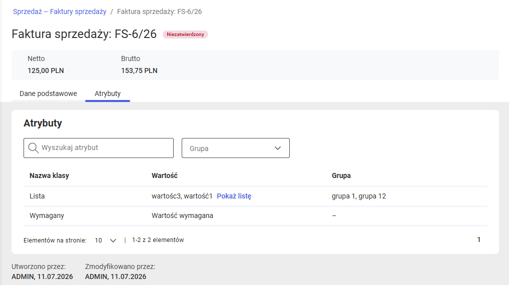 Atrybuty na fakturze sprzedaży w trybie podglądu
