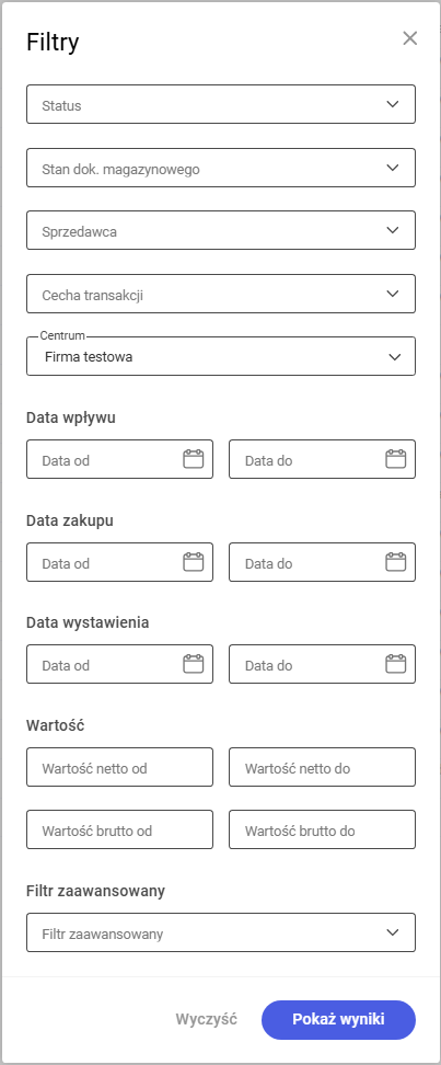 Panel filtrów dla listy faktur zakupu