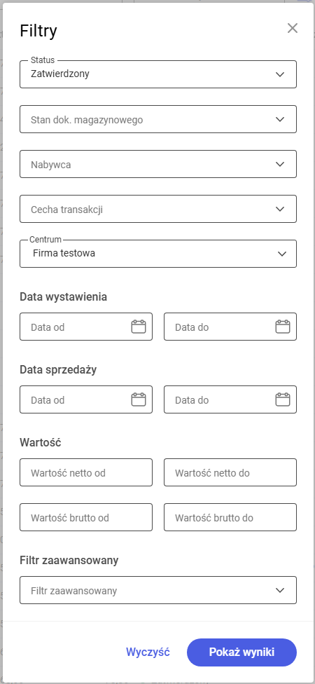 Panel z filtrami dla listy sprzedaży detalicznej