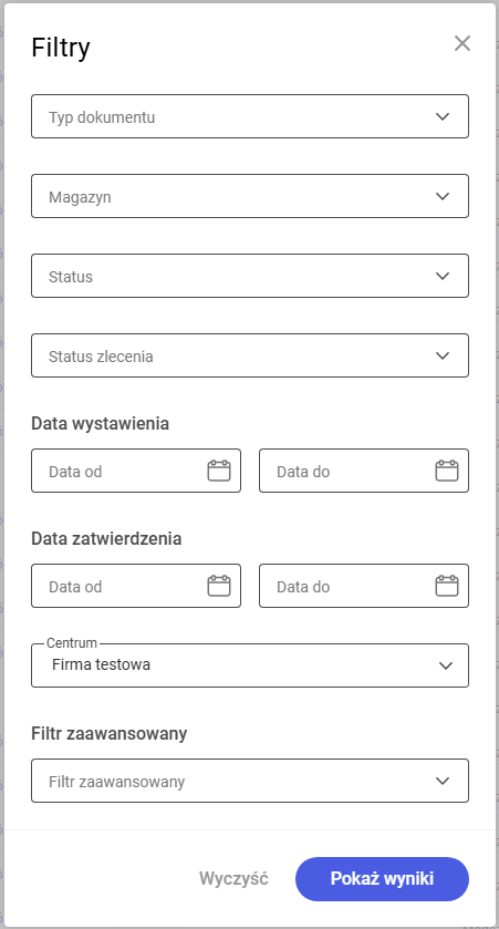 Panel filtrów dla wydań magazynowych