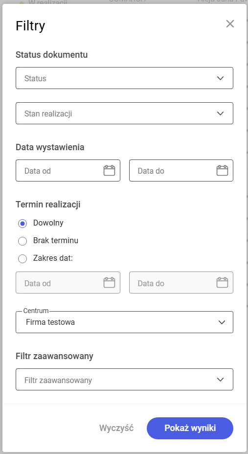 Panel filtrów rozszerzonych na liście zamówień sprzedaży