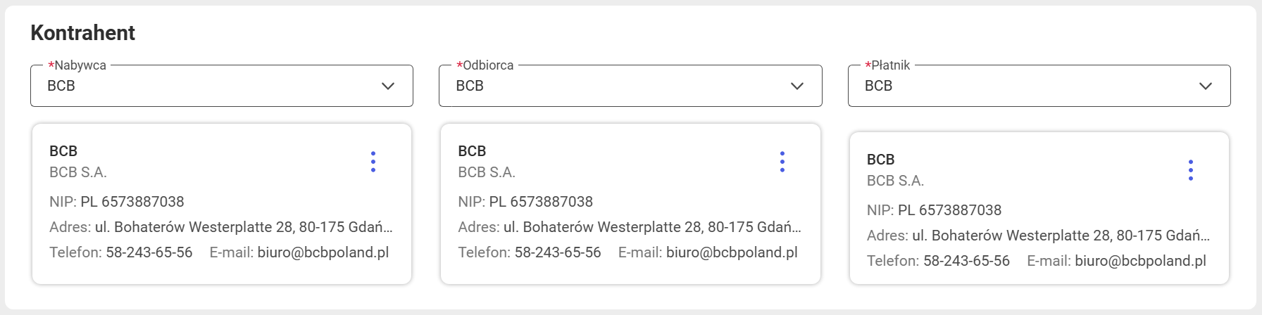 Sekcja z danymi kontrahenta na zamówieniu