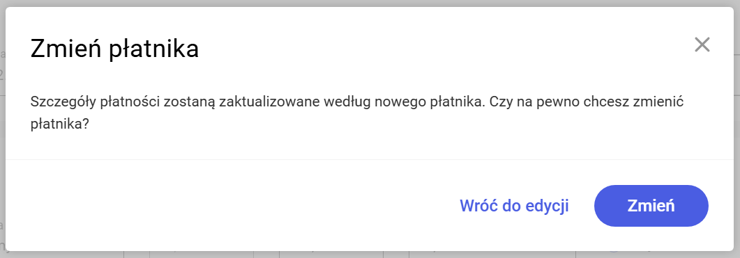 Okno do potwierdzenia zmiany płatnika