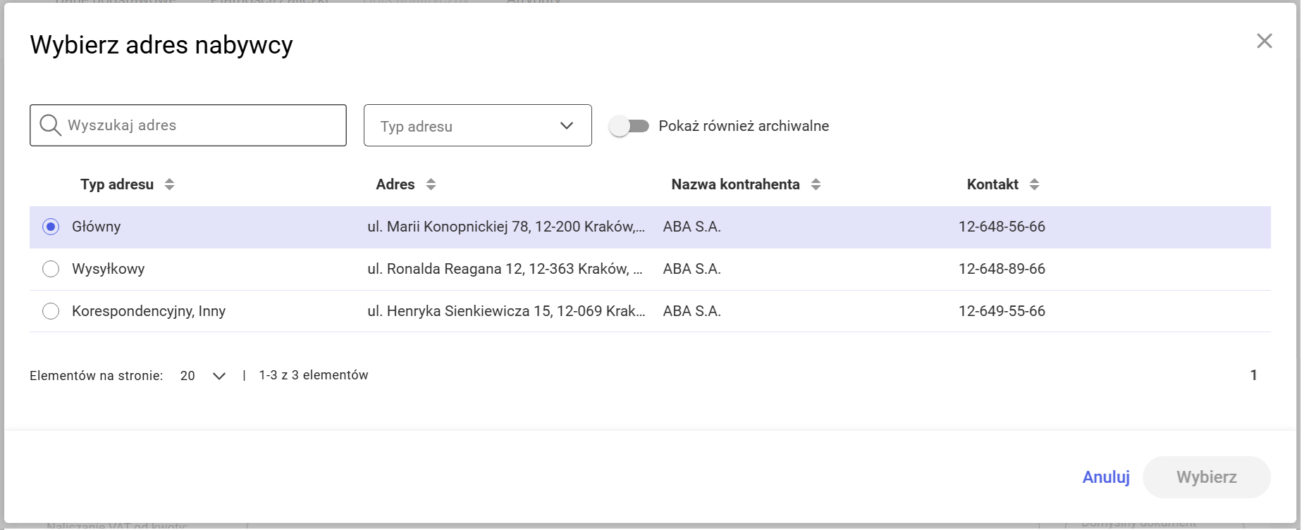 Okno wyboru adresu kontrahenta