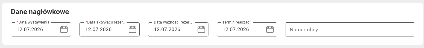 Dane nagłówkowe na zamówieniu sprzedaży