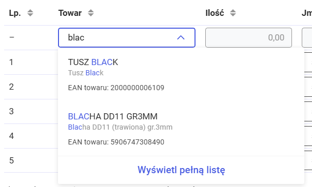Wyszukiwanie towaru w wierszu dodawania pozycji zamówienia
