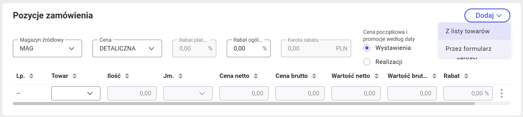 Dodawanie pozycji przez formularz