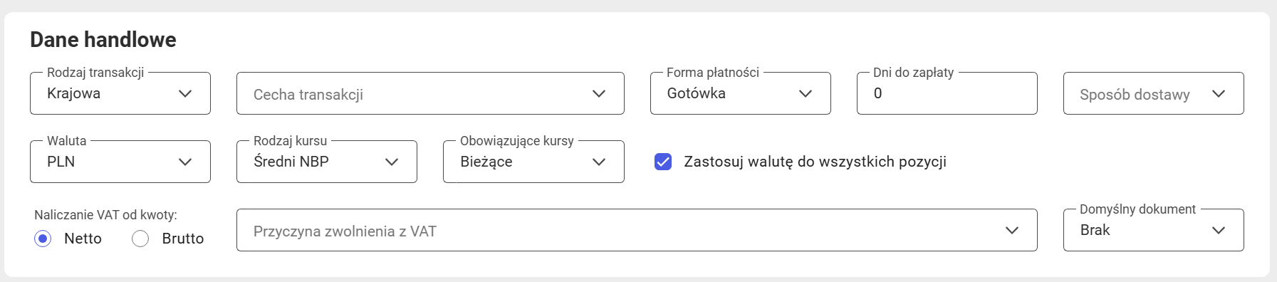 Sekcja z danymi handlowymi na zamówieniu sprzedaży