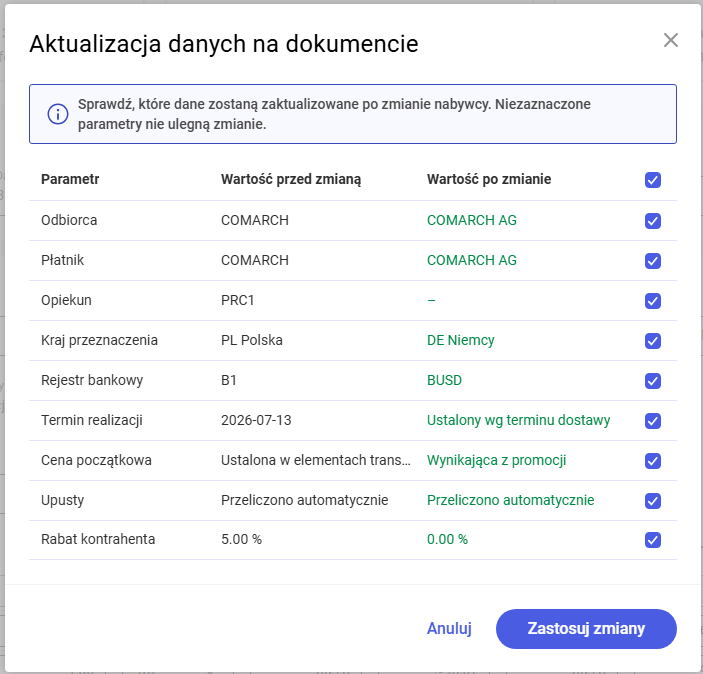 Okno aktualizacji danych na zamówieniu sprzedaży