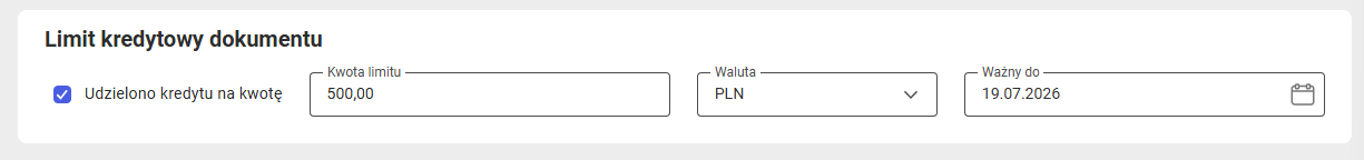 Sekcja do obsługi limitu kredytowego dokumentu