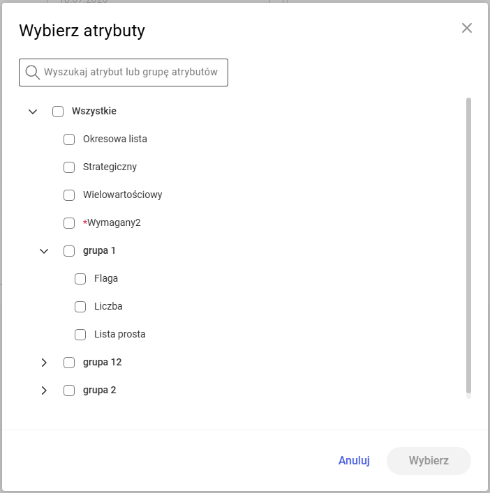 Wybór atrybutów do dodania na obiekcie