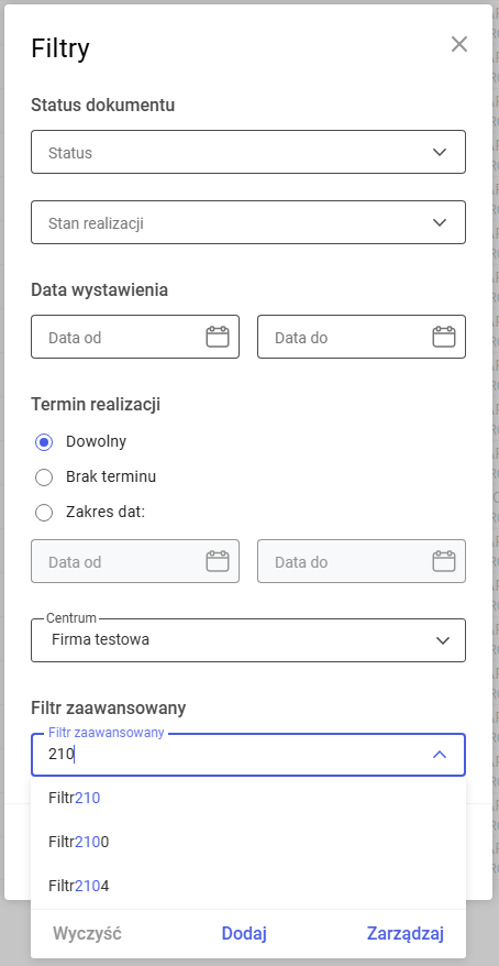 Wybór filtra zaawansowanego w panelu filtrów