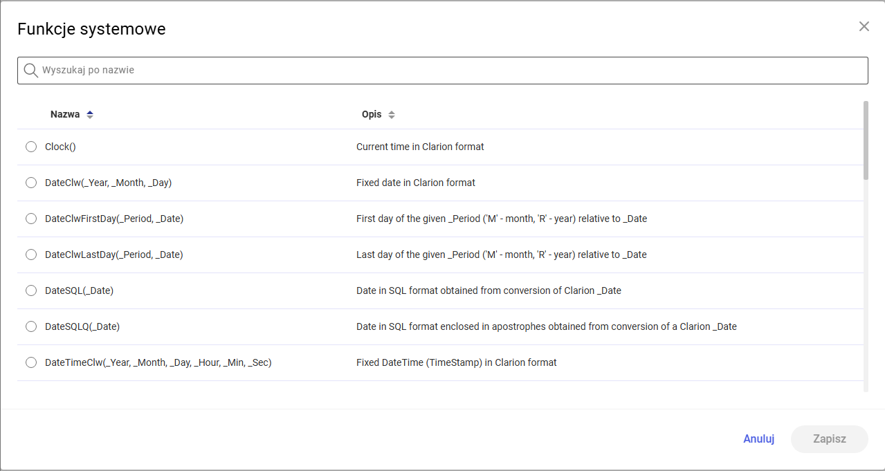 Okno funkcji systemowych dla filtra SQL