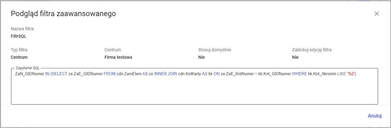 Okno podglądu filtra SQL