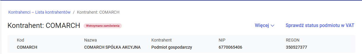 Nagłówek karty kontrahenta w trybie podglądu