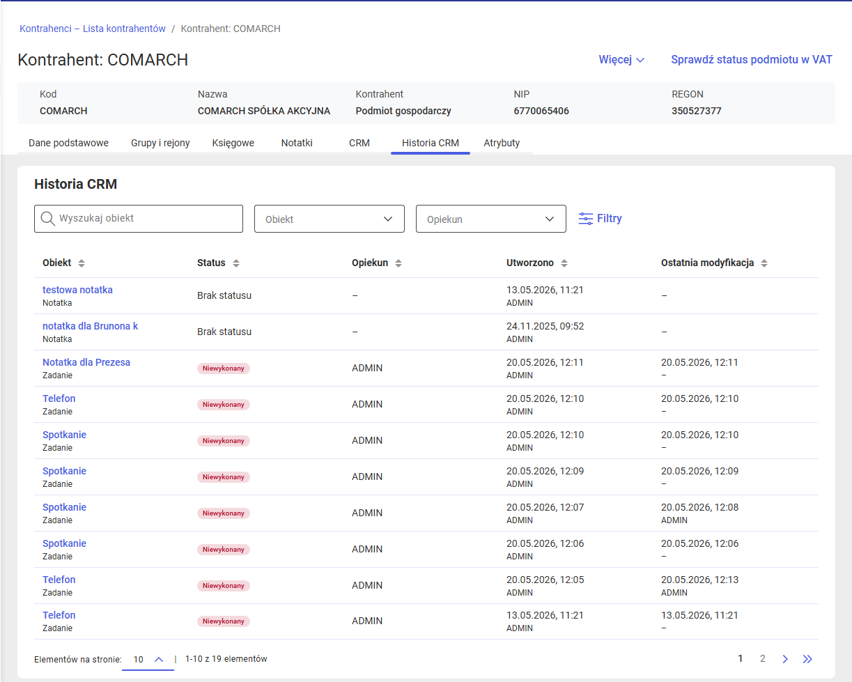 Historia CRM na podglądzie karty kontrahenta