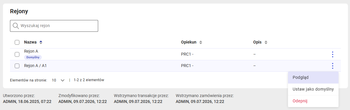 Sekcja z rejonami kontrahenta