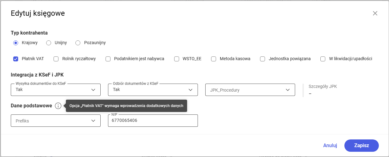Okno edycji danych księgowych kontrahenta