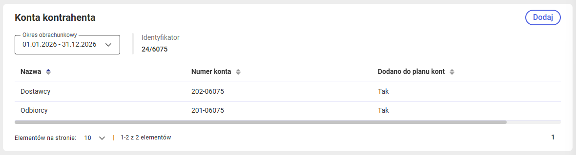 Sekcja z kontami kontrahenta