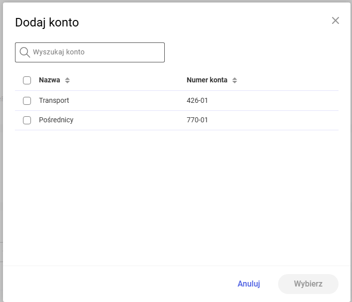 Okno dodawania kont dla kontrahenta