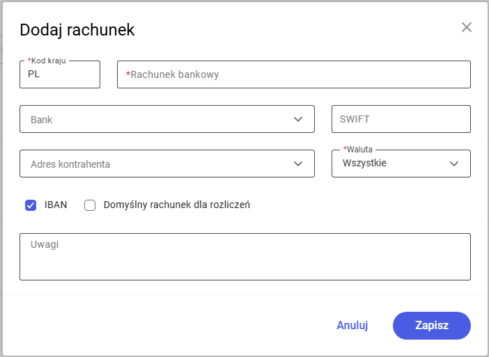 Okno dodawania rachunku bankowego