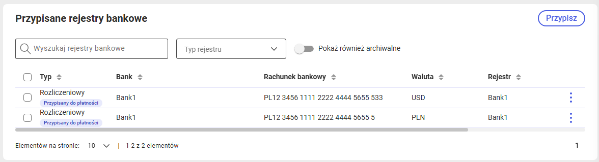 Sekcja z rejestrami bankowymi przypisanymi do kontrahenta